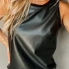 Hot Dear-Lover Faux Leather Crew Neck Tank Top Black