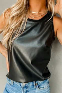 Hot Dear-Lover Faux Leather Crew Neck Tank Top Black