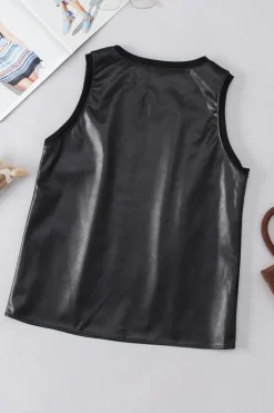 Hot Dear-Lover Faux Leather Crew Neck Tank Top Black