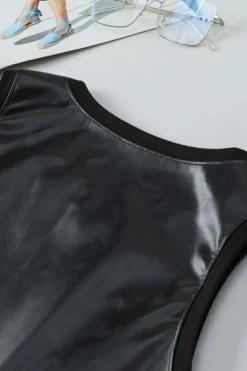 Hot Dear-Lover Faux Leather Crew Neck Tank Top Black