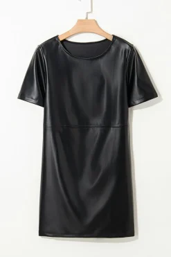 Best Dear-Lover Faux Leather Loose T-shirt Dress Black