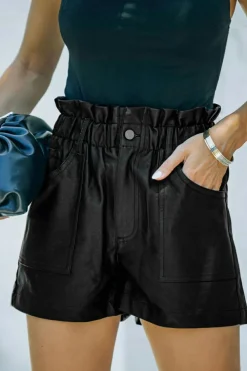 Sale Dear-Lover Faux Leather Paper Bag Waist High Rise Shorts Black
