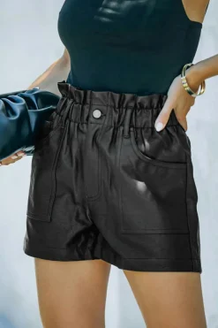 Sale Dear-Lover Faux Leather Paper Bag Waist High Rise Shorts Black