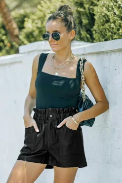 Sale Dear-Lover Faux Leather Paper Bag Waist High Rise Shorts Black