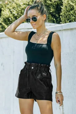Sale Dear-Lover Faux Leather Paper Bag Waist High Rise Shorts Black