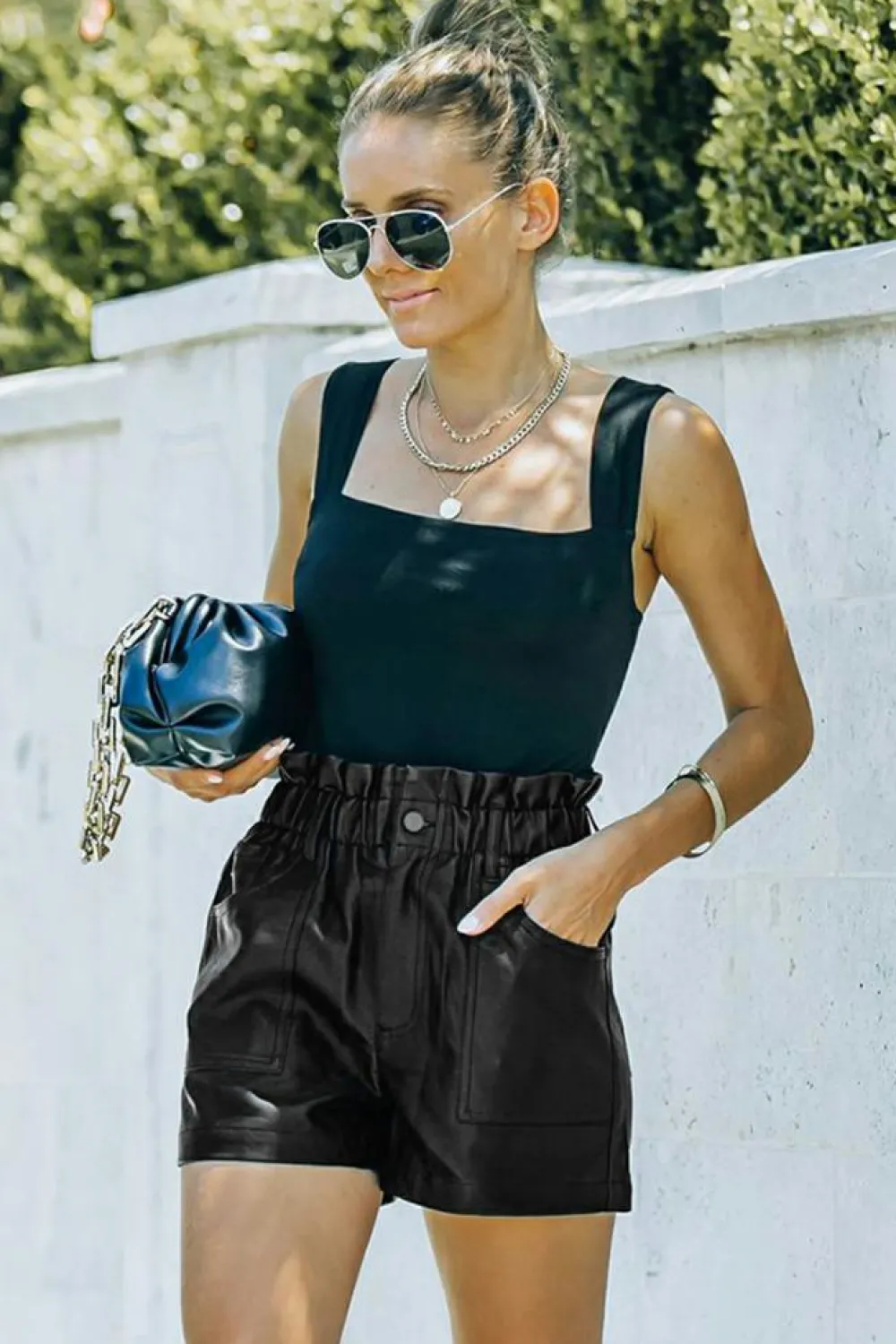 Sale Dear-Lover Faux Leather Paper Bag Waist High Rise Shorts Black