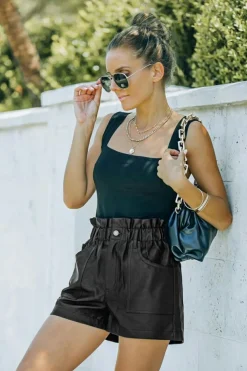 Sale Dear-Lover Faux Leather Paper Bag Waist High Rise Shorts Black
