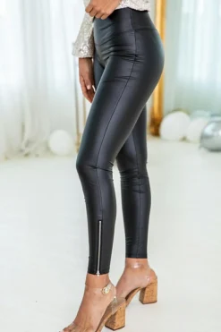 Clearance Dear-Lover Faux Leather Zipped Detail Leggings Black
