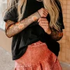 New Dear-Lover Faux Two Piece Floral Long Sleeve Patchwork Tee Black