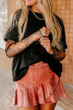 New Dear-Lover Faux Two Piece Floral Long Sleeve Patchwork Tee Black