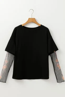 New Dear-Lover Faux Two Piece Floral Long Sleeve Patchwork Tee Black