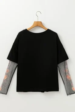 New Dear-Lover Faux Two Piece Floral Long Sleeve Patchwork Tee Black