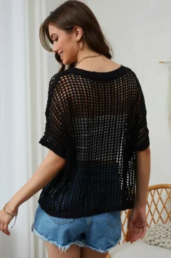 New Dear-Lover Fishnet Knit Ribbed Round Neck Short Sleeve Sweater Tee Black