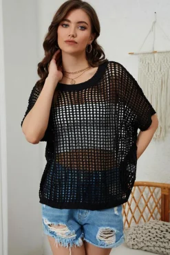 New Dear-Lover Fishnet Knit Ribbed Round Neck Short Sleeve Sweater Tee Black