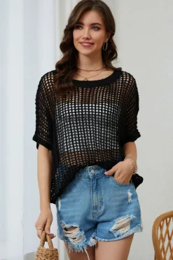 New Dear-Lover Fishnet Knit Ribbed Round Neck Short Sleeve Sweater Tee Black