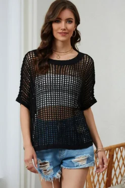 New Dear-Lover Fishnet Knit Ribbed Round Neck Short Sleeve Sweater Tee Black