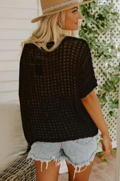 New Dear-Lover Fishnet Knit Ribbed Round Neck Short Sleeve Sweater Tee Black