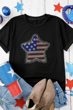 Outlet Dear-Lover Flag Inspired Rhinestone Star Graphic T Shirt Black
