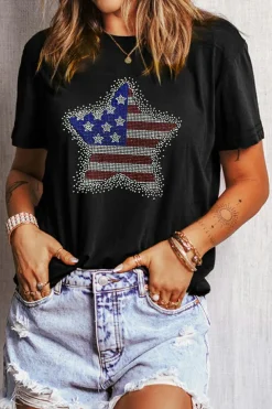Outlet Dear-Lover Flag Inspired Rhinestone Star Graphic T Shirt Black