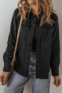 Sale Dear-Lover Flap Pocket Buttons Collared Jean Jacket Black