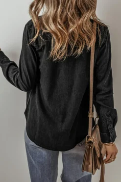 Sale Dear-Lover Flap Pocket Buttons Collared Jean Jacket Black