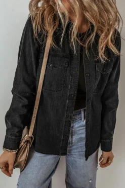 Sale Dear-Lover Flap Pocket Buttons Collared Jean Jacket Black