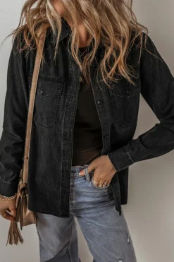 Sale Dear-Lover Flap Pocket Buttons Collared Jean Jacket Black