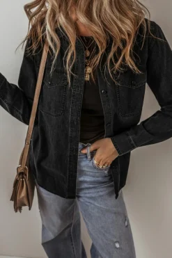 Sale Dear-Lover Flap Pocket Buttons Collared Jean Jacket Black