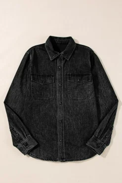 Sale Dear-Lover Flap Pocket Buttons Collared Jean Jacket Black