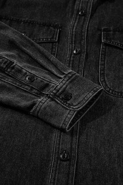 Sale Dear-Lover Flap Pocket Buttons Collared Jean Jacket Black