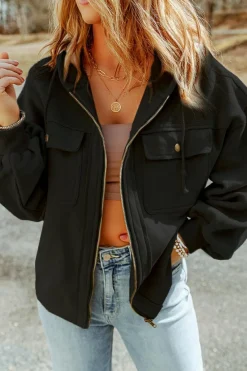 Best Dear-Lover Flap Pocket Drawstring Hood Zip Up Jacket Black