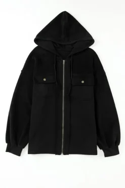 Best Dear-Lover Flap Pocket Drawstring Hood Zip Up Jacket Black