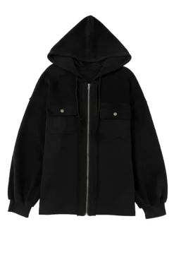 Best Dear-Lover Flap Pocket Drawstring Hood Zip Up Jacket Black