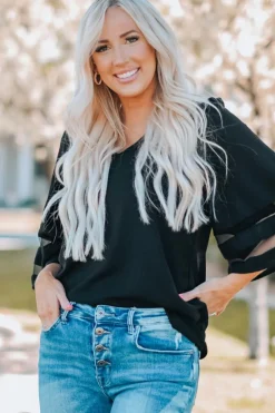 Sale Dear-Lover Flare Sleeve V Neck Loose Blouse Black