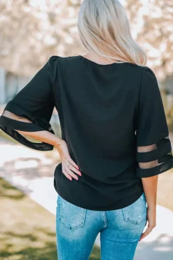 Sale Dear-Lover Flare Sleeve V Neck Loose Blouse Black