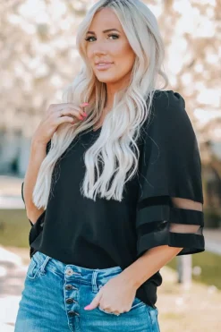 Sale Dear-Lover Flare Sleeve V Neck Loose Blouse Black