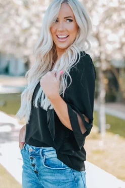 Sale Dear-Lover Flare Sleeve V Neck Loose Blouse Black