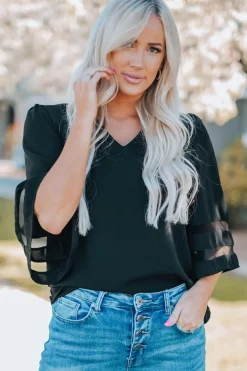 Sale Dear-Lover Flare Sleeve V Neck Loose Blouse Black