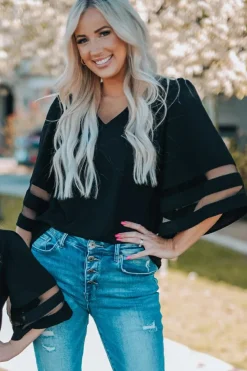 Sale Dear-Lover Flare Sleeve V Neck Loose Blouse Black