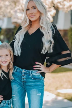 Sale Dear-Lover Flare Sleeve V Neck Loose Blouse Black