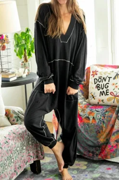 Hot Dear-Lover Flatlock Seam Detail V Neck Baggy Jumpsuit Black
