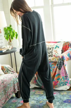 Hot Dear-Lover Flatlock Seam Detail V Neck Baggy Jumpsuit Black