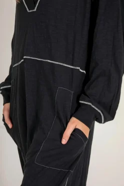 Hot Dear-Lover Flatlock Seam Detail V Neck Baggy Jumpsuit Black
