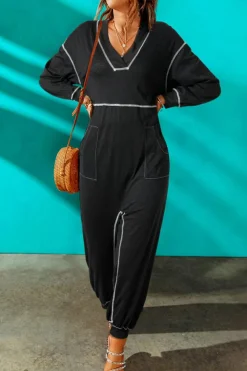 Hot Dear-Lover Flatlock Seam Detail V Neck Baggy Jumpsuit Black