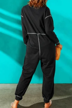 Hot Dear-Lover Flatlock Seam Detail V Neck Baggy Jumpsuit Black