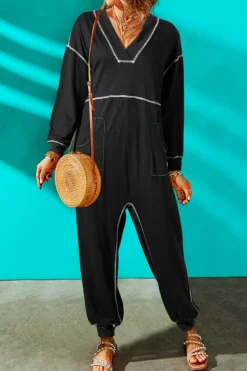Hot Dear-Lover Flatlock Seam Detail V Neck Baggy Jumpsuit Black