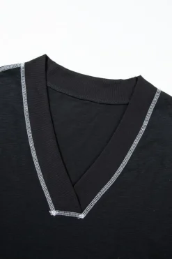 Hot Dear-Lover Flatlock Seam Detail V Neck Baggy Jumpsuit Black