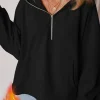 Hot Dear-Lover Fleece Lined Half Zipper Kangaroo Pockets Loose Hoodie Black