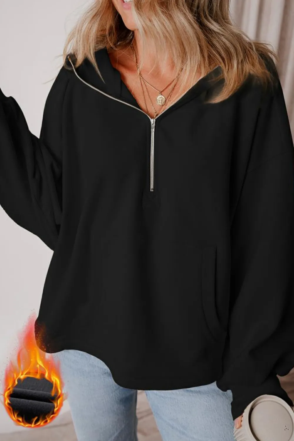 Hot Dear-Lover Fleece Lined Half Zipper Kangaroo Pockets Loose Hoodie Black