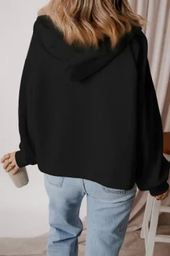 Hot Dear-Lover Fleece Lined Half Zipper Kangaroo Pockets Loose Hoodie Black